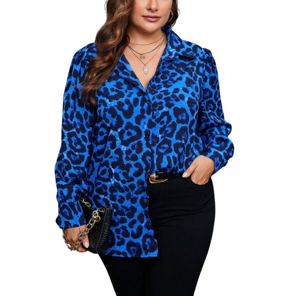 2/$30 SHEIN Clasi Leopard Print Button Front Shirt Blue 6 #A0291 TRB2 - Picture 1 of 11